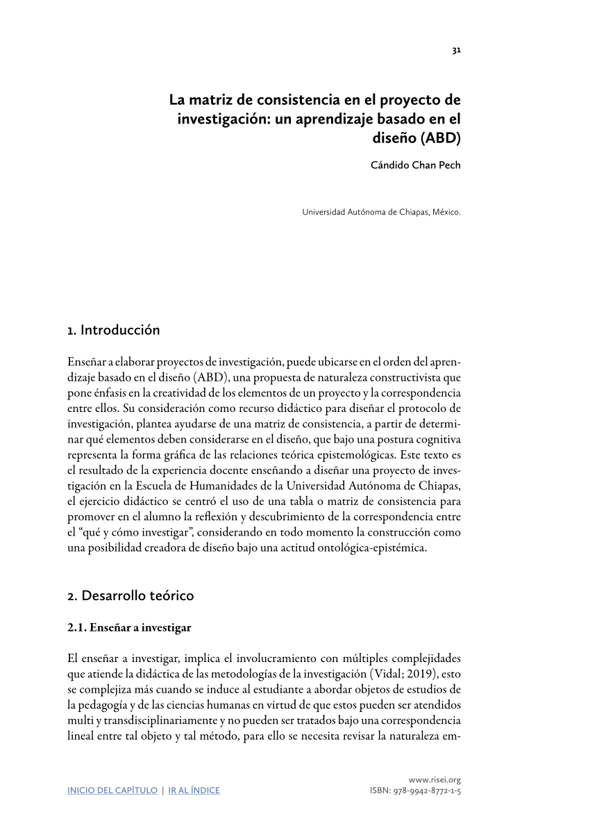 Pdf La Matriz De Consistencia En El Proyecto De Investigacion Un Aprendizaje Basado En El Diseno Abd