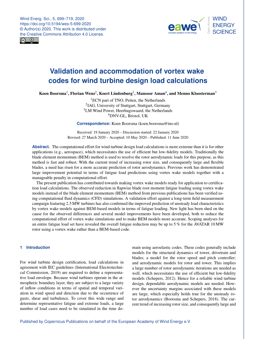 Pdf Validation And Accommodation Of Vortex Wake Codes For Wind