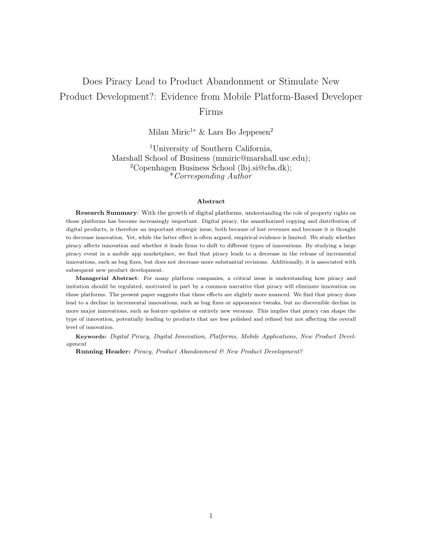 Pdf Does Piracy Lead To Product Abandonment Or Stimulate New Product Development Evidence From Mobile Platform Based Developer Firms