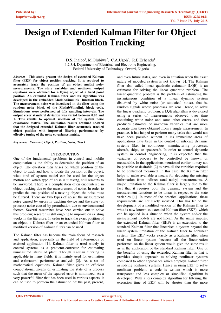 Pdf Design Of Extended Kalman Filter For Object Position Tracking