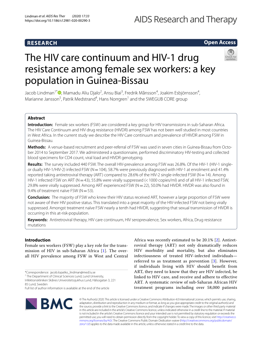 PDF) The HIV care continuum and HIV-1 drug resistance among female sex  workers: a key population in Guinea-Bissau