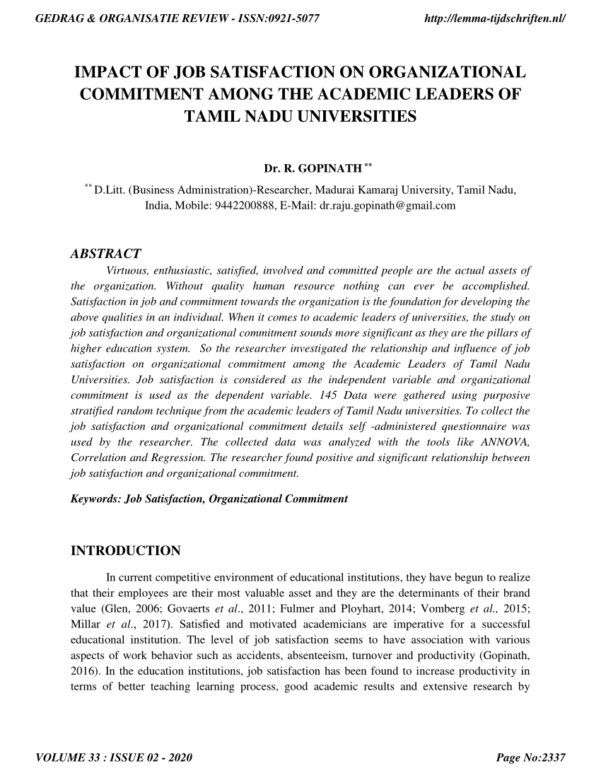 Pdf Impact Of Job Satisfaction On Organizational Commitment Among The Academic Leaders Of Tamil Nadu Universities