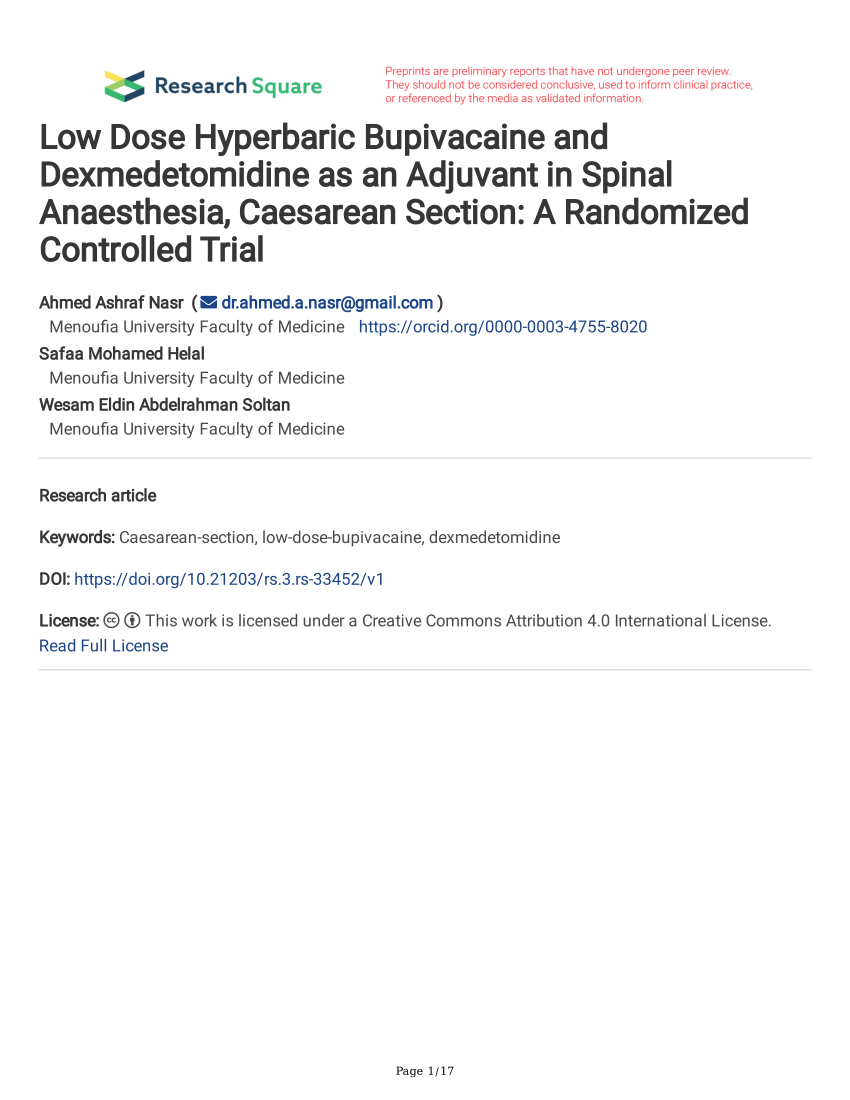 (PDF) Low Dose Hyperbaric Bupivacaine and Dexmedetomidine as an ...