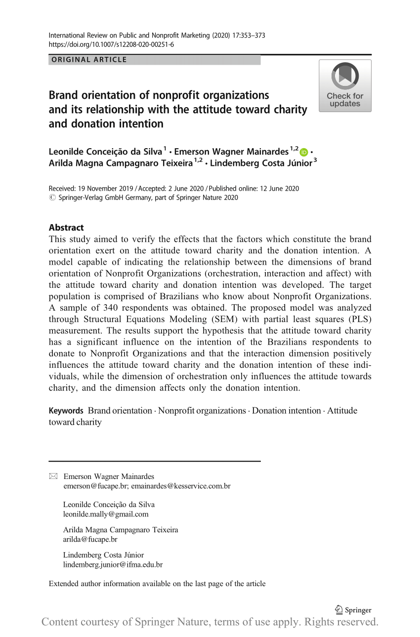 Brand Orientation Of Nonprofit Organizations And Its Relationship With The Attitude Toward Charity And Donation Intention Request Pdf