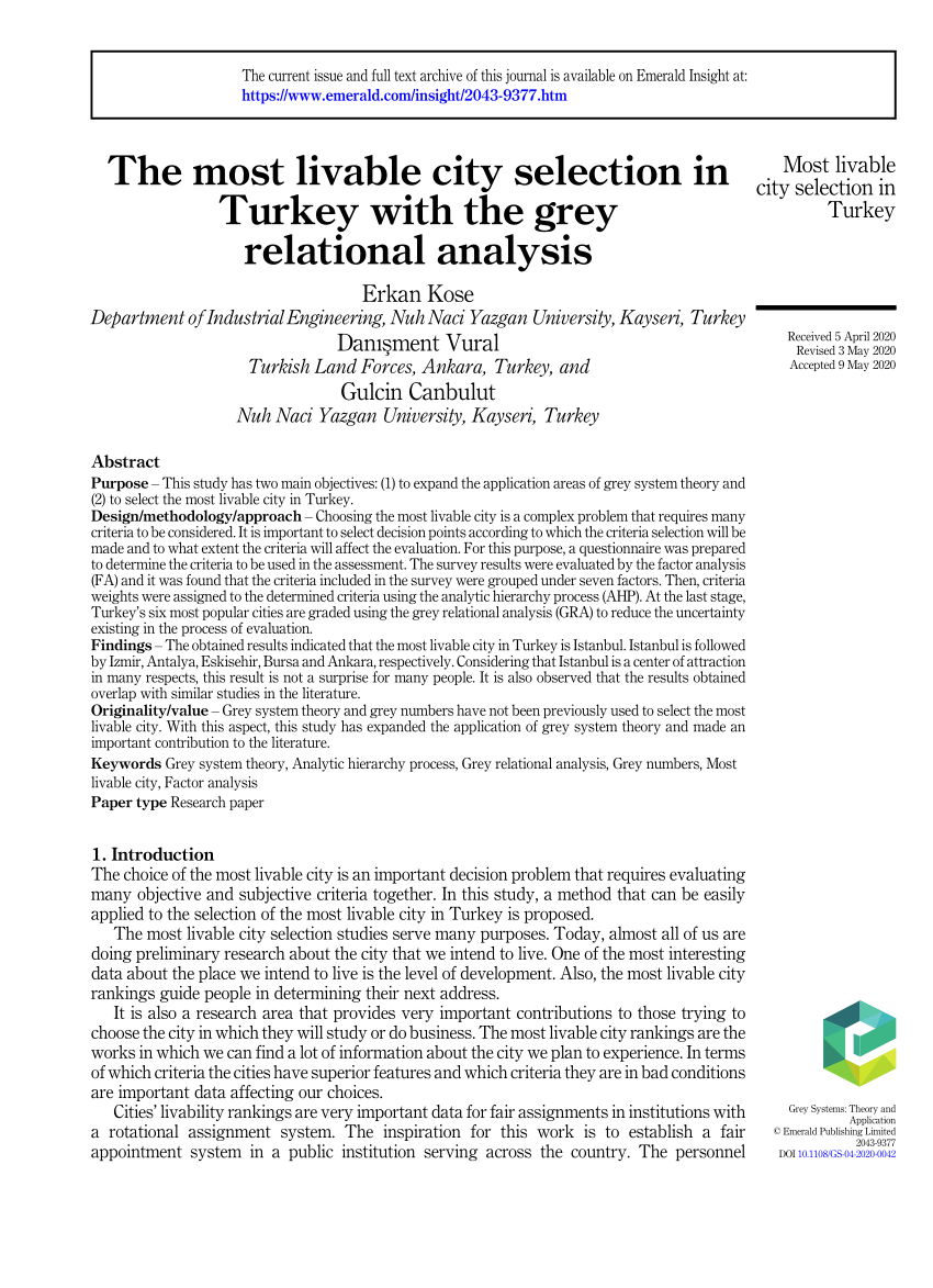 pdf the most livable city selection in turkey with the grey relational analysis