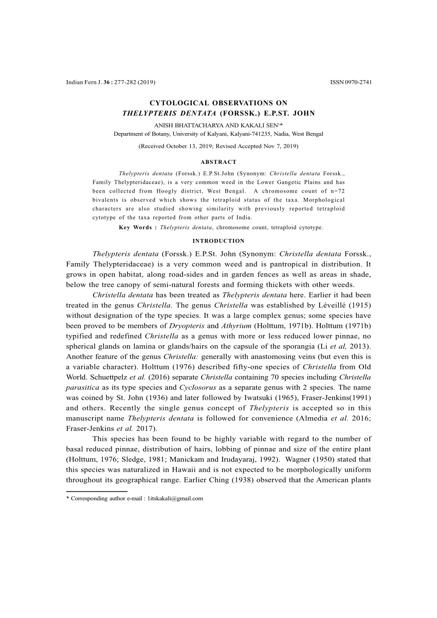 (PDF) CYTOLOGICAL OBSERVATIONS ON THELYPTERIS DENTATA (FORSSK.) E