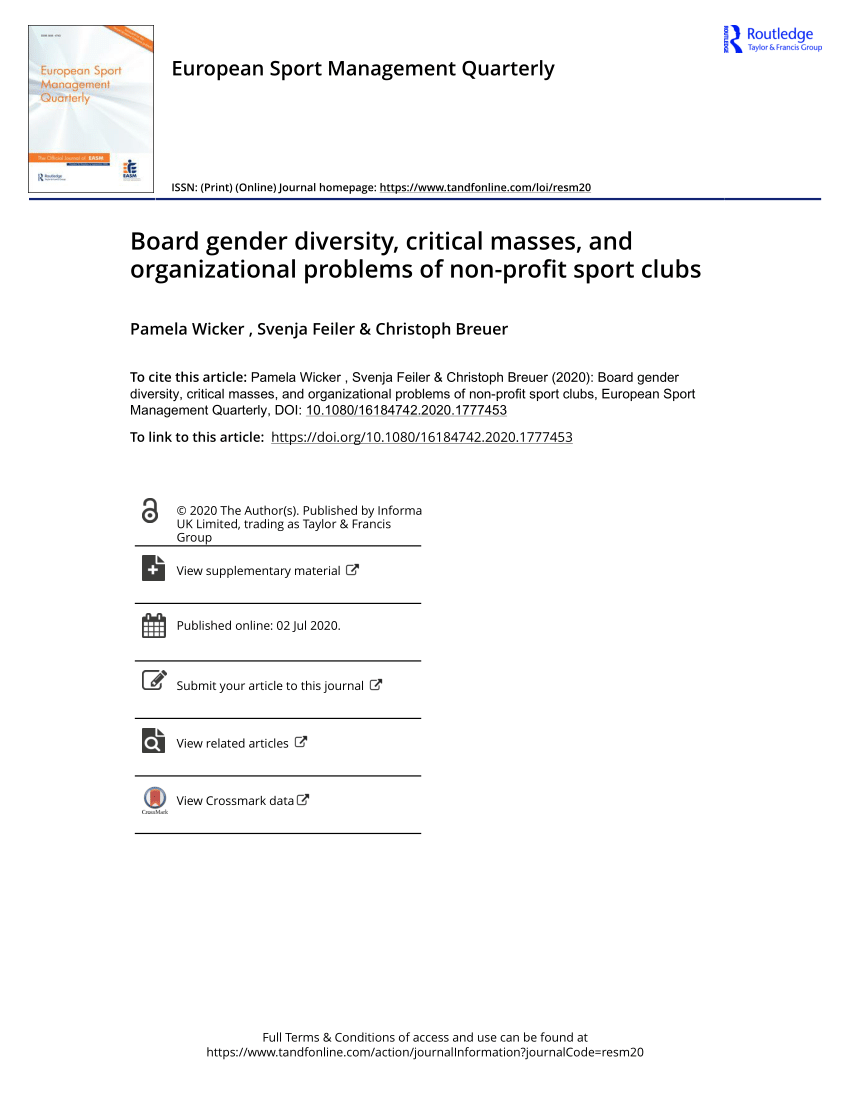 Pdf Board Gender Diversity Critical Masses And Organizational Problems Of Non Profit Sport Clubs
