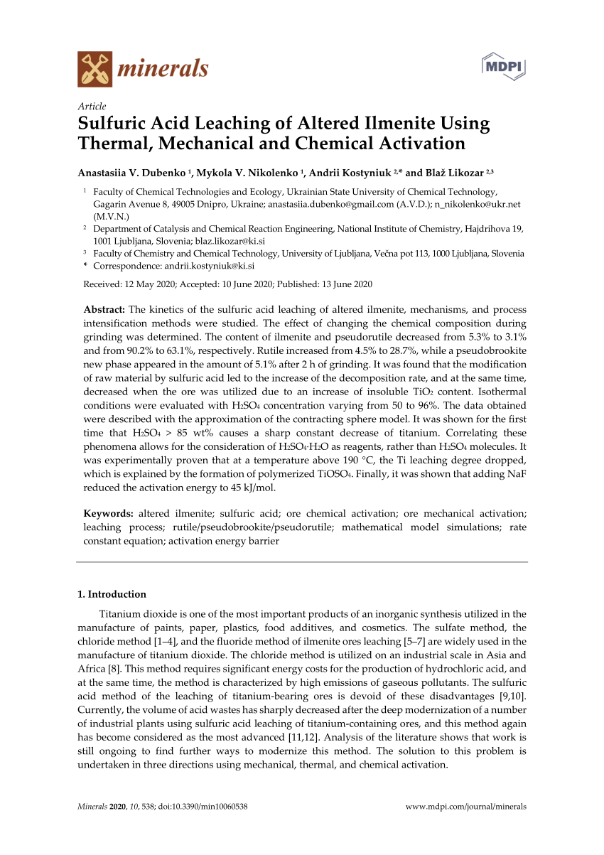 Pdf Sulfuric Acid Leaching Of Altered Ilmenite Using Thermal Mechanical And Chemical Activation