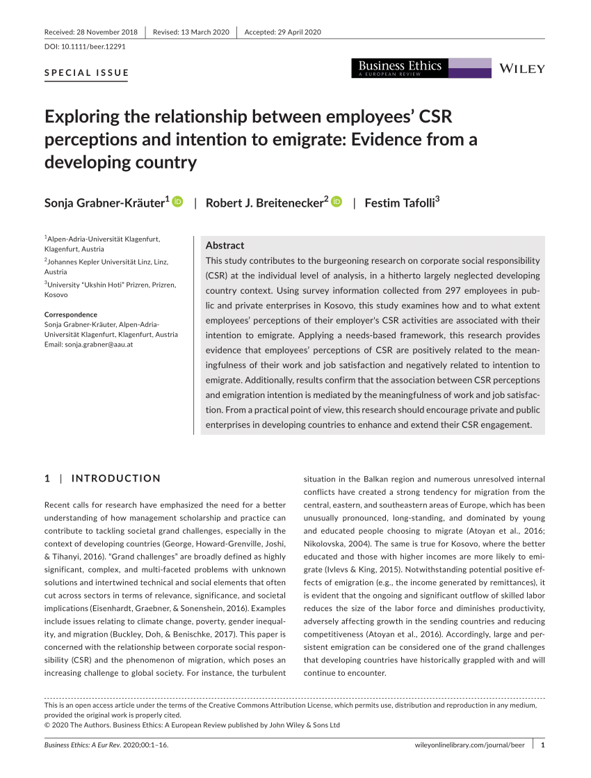 Pdf Exploring The Relationship Between Employees Csr Perceptions And Intention To Emigrate Evidence From A Developing Country