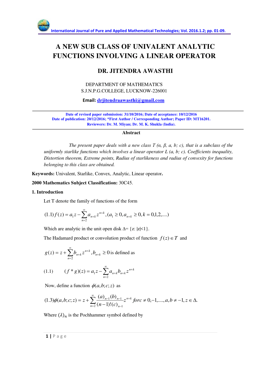 Pdf A New Subclass Of Univalent Analytic Functions Involving A Linear Operator