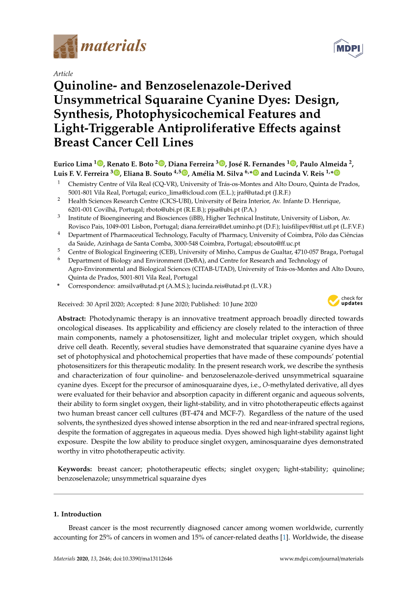 Pdf Quinoline And Benzoselenazole Derived Unsymmetrical Squaraine Cyanine Dyes Design Synthesis Photophysicochemical Features And Light Triggerable Antiproliferative Effects Against Breast Cancer Cell Lines