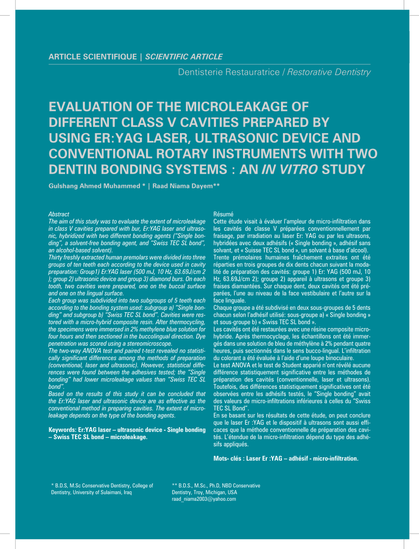 PDF) of the Microleakage of Different Class V Cavities Prepared by Using Er:YAG Laser, Ultrasonic Device, and Conventional Rotary Instruments With Two Dentin Bonding Systems (An in Vitro Study)