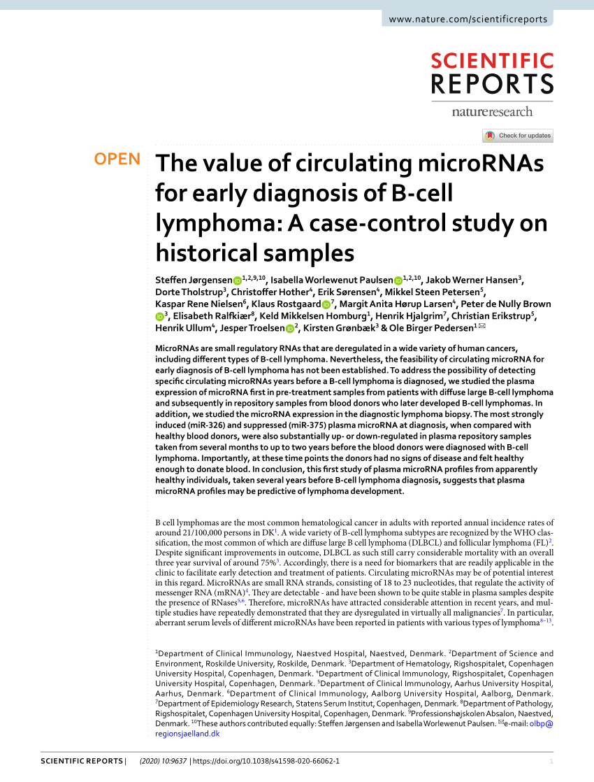 Pdf The Value Of Circulating Micrornas For Early Diagnosis Of B Cell Lymphoma A Case Control Study On Historical Samples