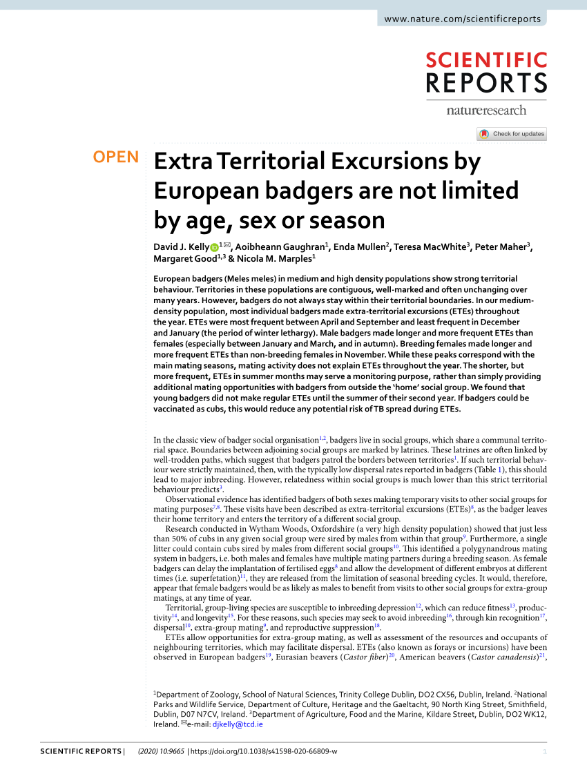 Pdf Extra Territorial Excursions By European Badgers Are Not Limited By Age Sex Or Season
