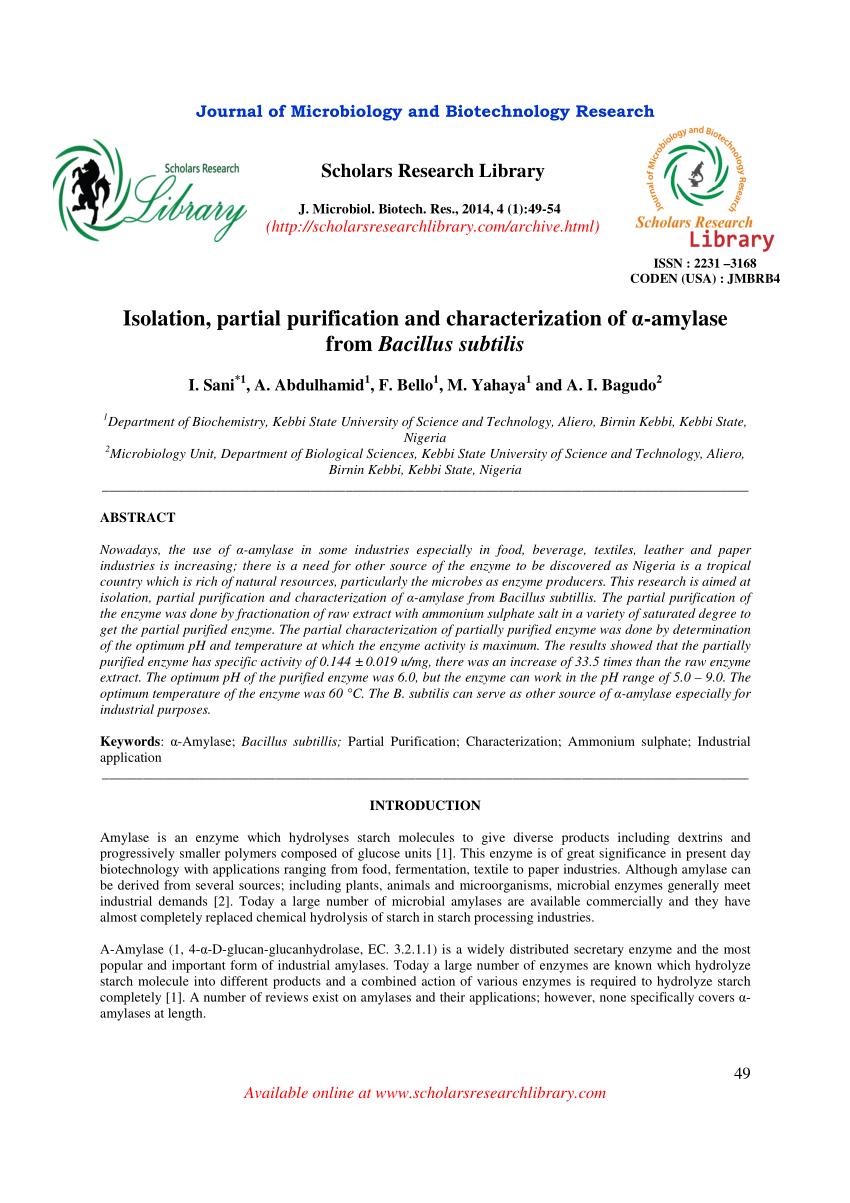 Pdf Isolation Partial Purification And Characterization Of α Amylase From Bacillus Subtilis 9860