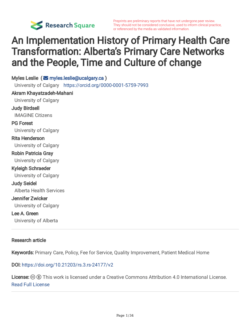 Pdf An Implementation History Of Primary Health Care Transformation Alberta S Primary Care Networks And The People Time And Culture Of Change