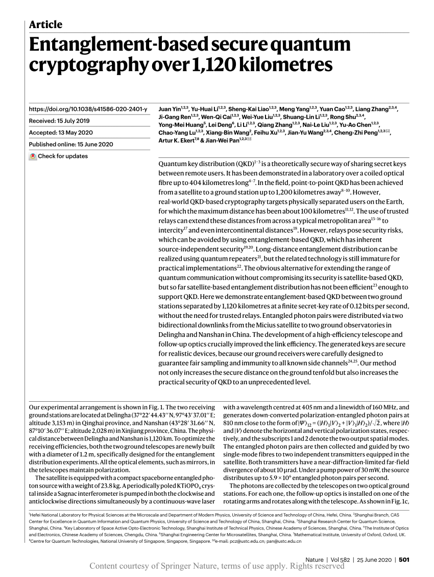 Entanglement Based Secure Quantum Cryptography Over 1 120 Kilometres Request Pdf