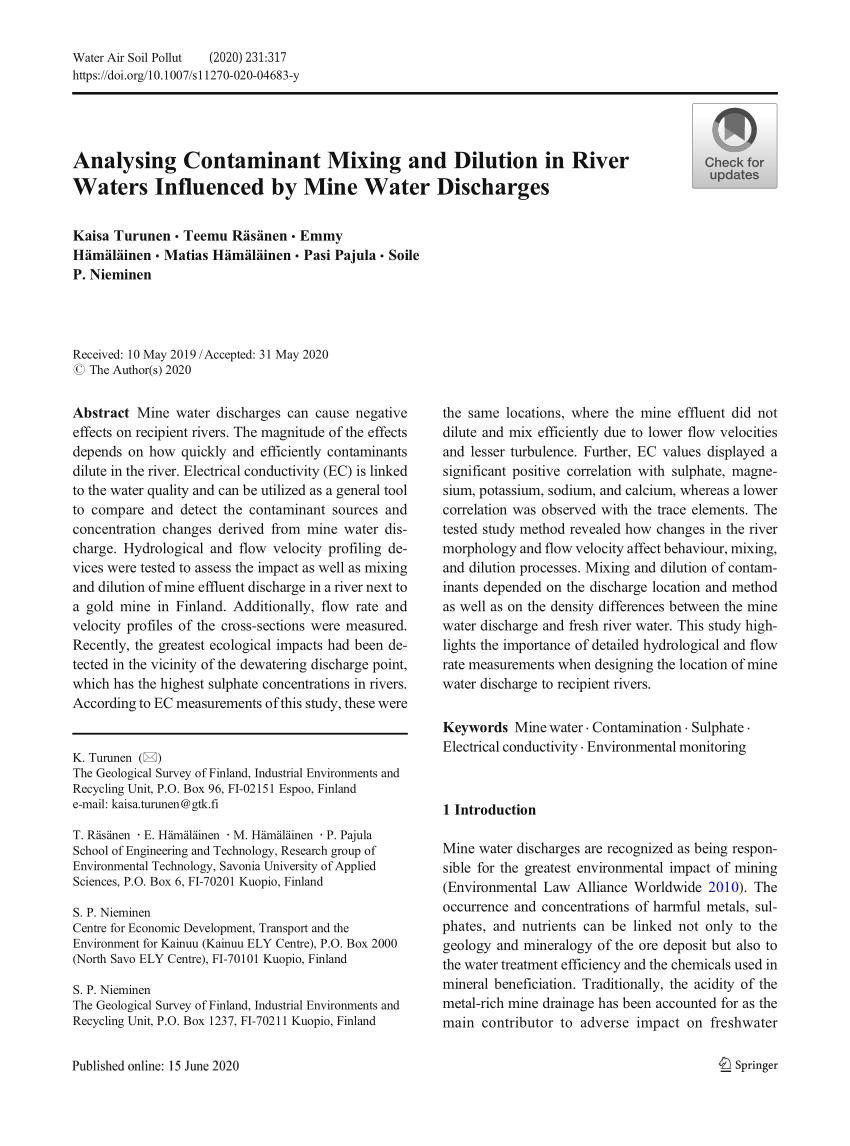 Pdf Analysing Contaminant Mixing And Dilution In River Waters Influenced By Mine Water Discharges