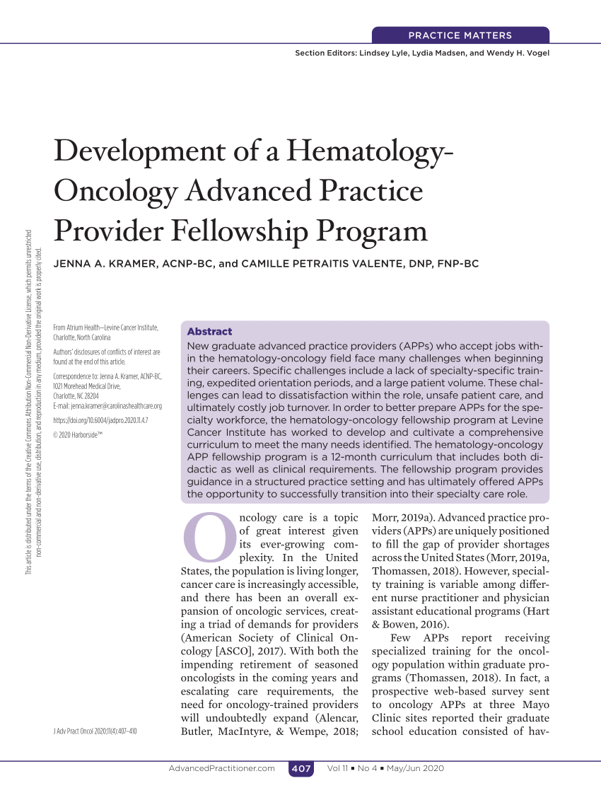 Pdf Development Of A Hematology Oncology Advanced Practice Provider Fellowship Program 