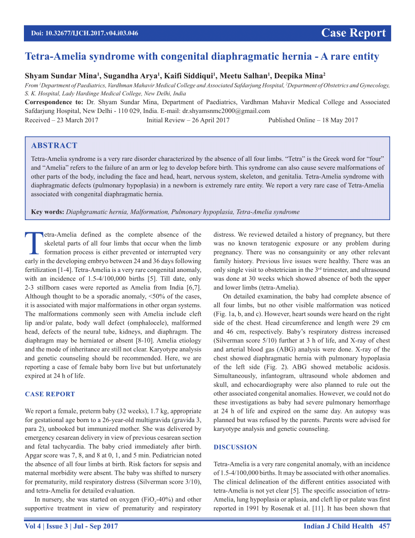 Pdf Tetra Amelia Syndrome With Congenital Diaphragmatic Hernia A Rare Entity 7316