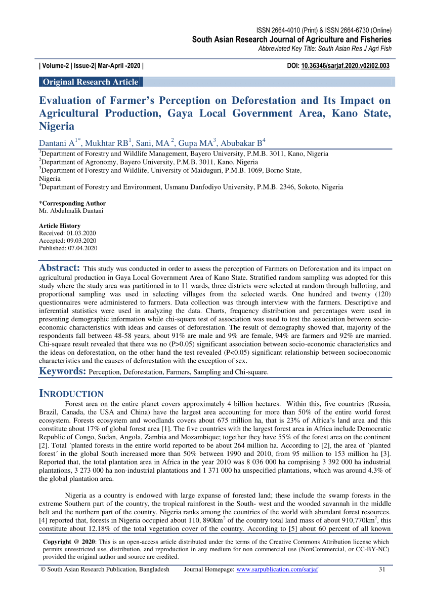 PDF) Evaluation of Farmer's Perception on Deforestation and Its Impact on  Agricultural Production, Gaya Local Government Area, Kano State, Nigeria