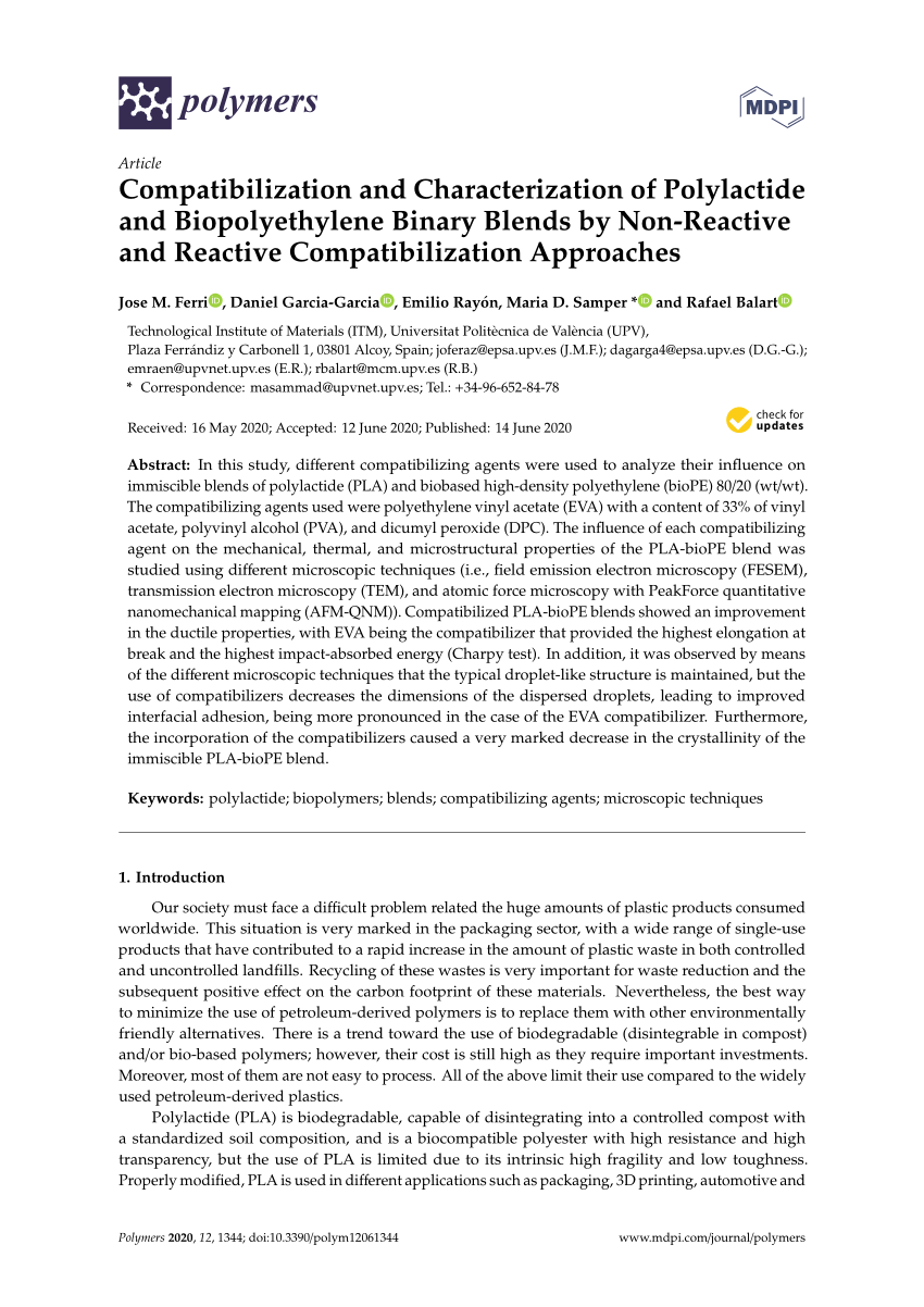 Pdf Compatibilization And Characterization Of Polylactide And Biopolyethylene Binary Blends By Non Reactive And Reactive Compatibilization Approaches