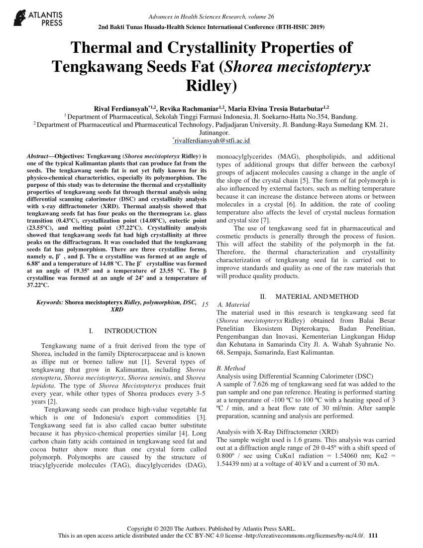 Pdf Thermal And Crystallinity Properties Of Tengkawang Seeds Fat Shorea Mecistopteryx Ridley