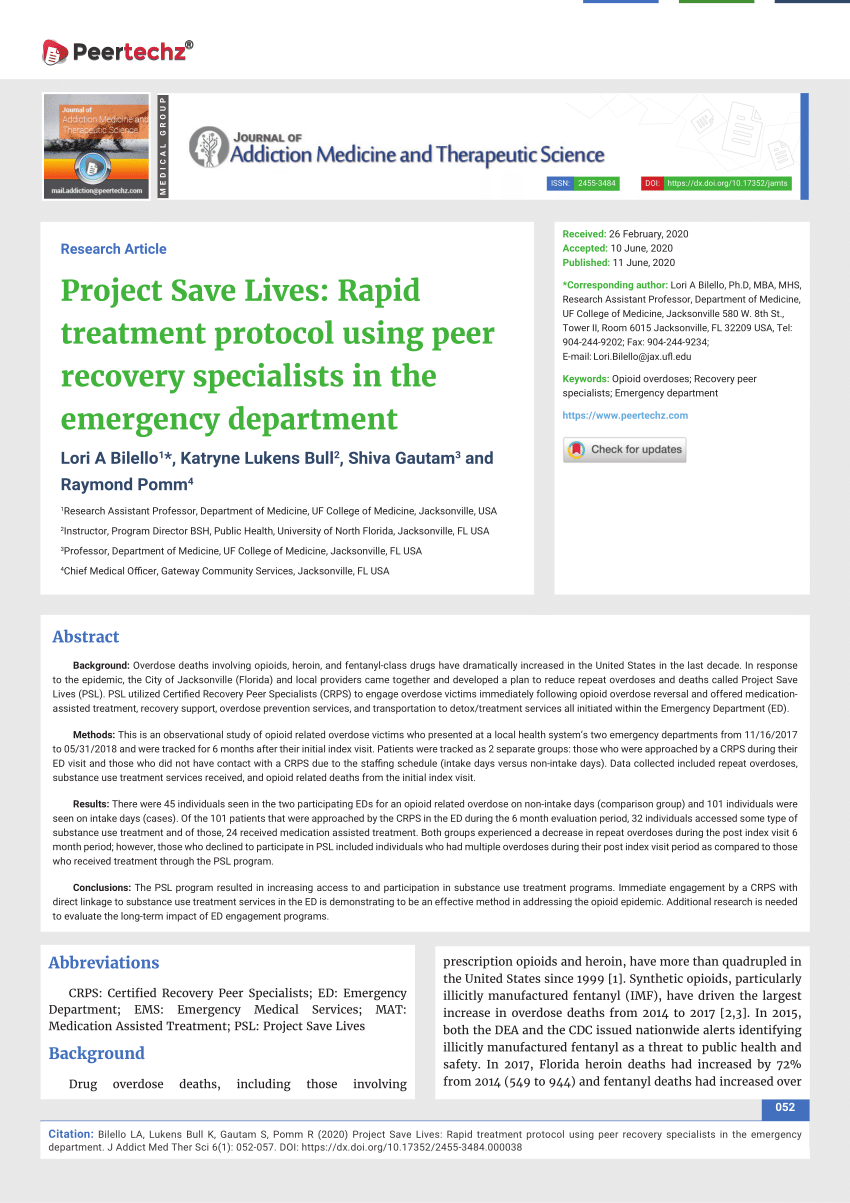 PDF) Project Save Lives Rapid treatment protocol using peer recovery specialists in the emergency department