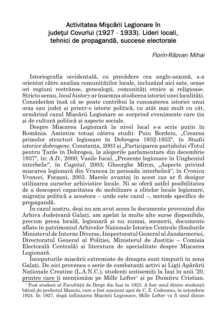 Pdf Activitatea Miscarii Legionare In Judetul Covurlui 1927 1933