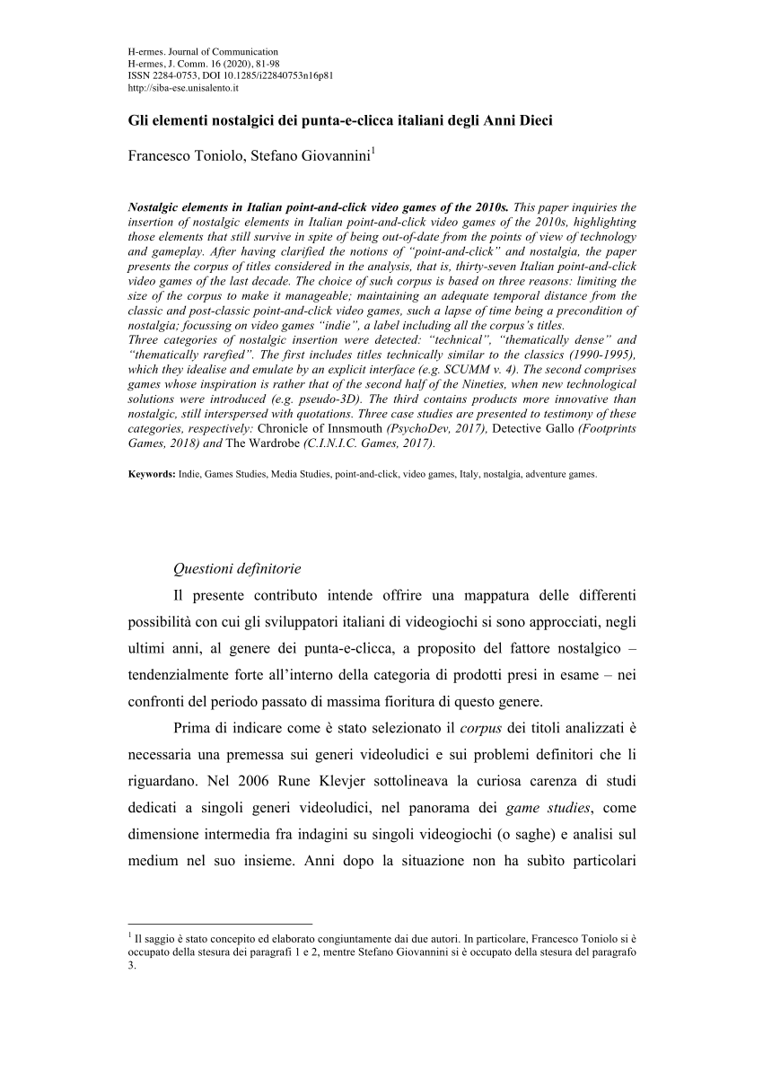 PDF) Gli elementi nostalgici dei punta-e-clicca italiani degli Anni Dieci =  Nostalgic elements in Italian point-and-click video games of the 2010s