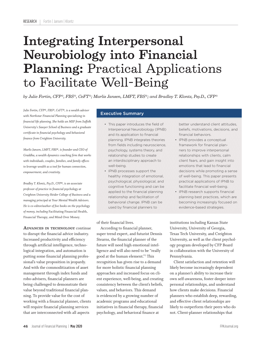 Pdf Integrating Interpersonal Neurobiology Into Financial Planning Practical Applications To Facilitate Well Being