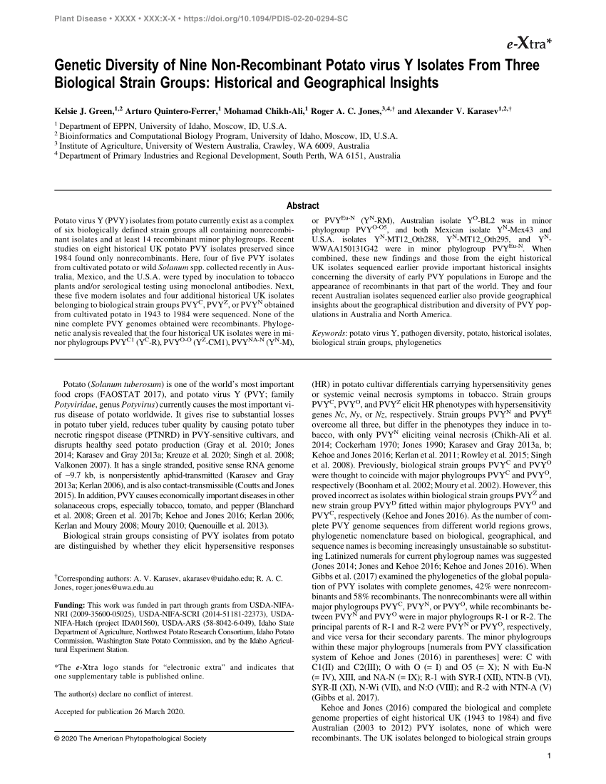 Pdf The Recombinant Potato Virus Y Pvy Strain Pvy Ntn Identified In Potato Fields In Victoria Southeastern Australia