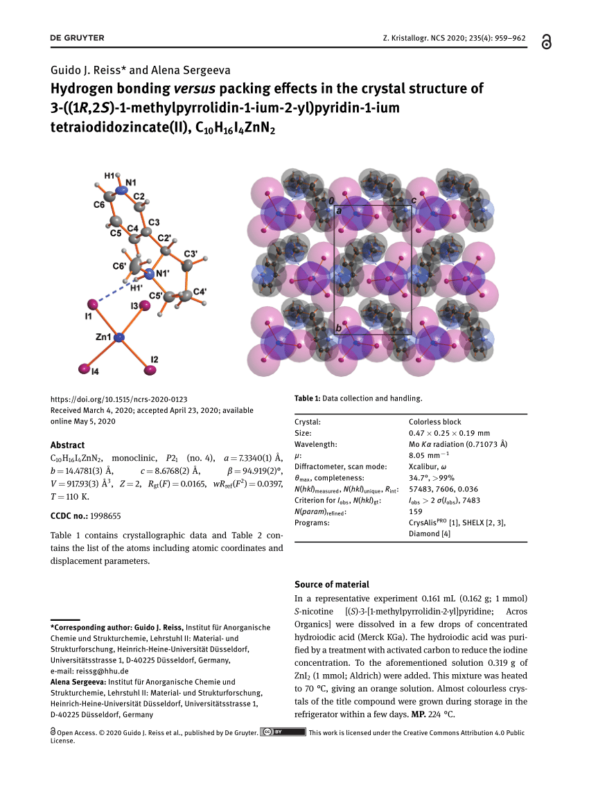 Pdf Hydrogen Bonding Versus Packing Effects In The Crystal Structure Of 3 1r 2s 1 Methylpyrrolidin 1 Ium 2 Yl Pyridin 1 Ium Tetraiodidozincate Ii