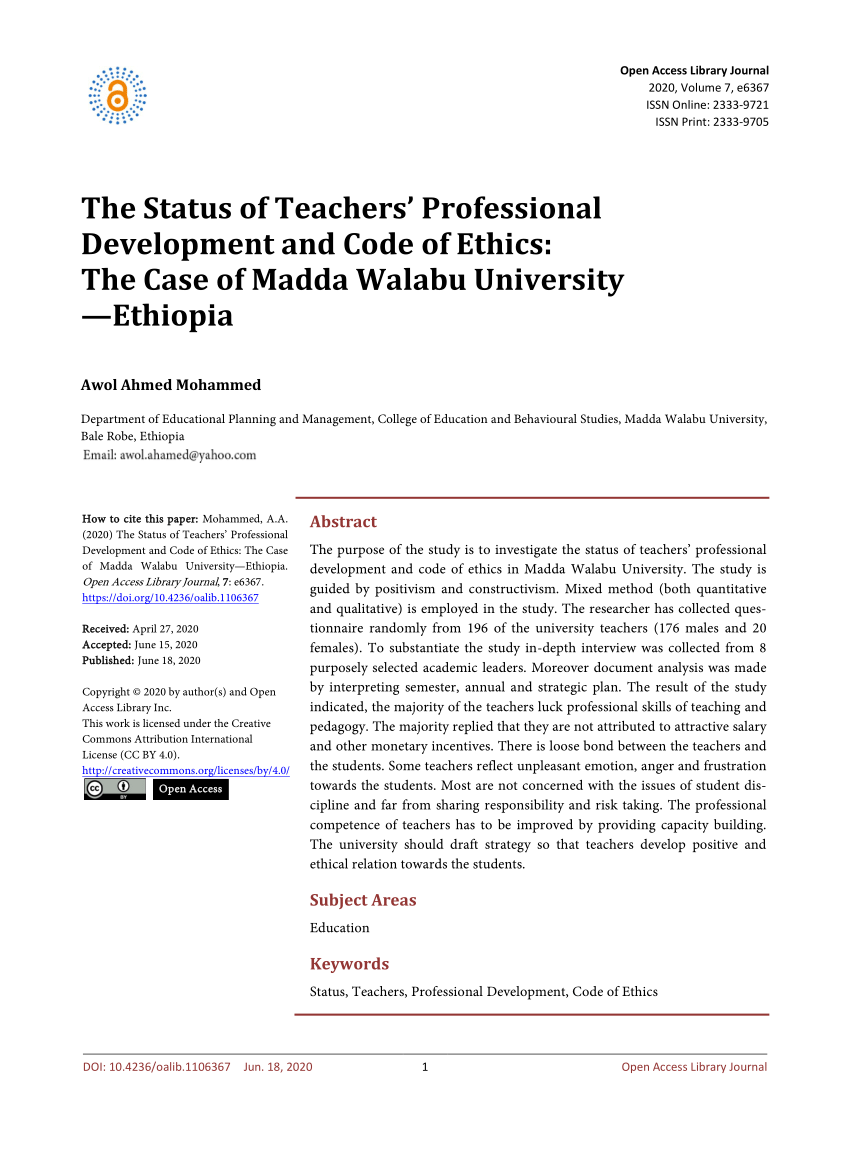 Pdf The Status Of Teachers Professional Development And Code Of Ethics The Case Of Madda Walabu University Ethiopia