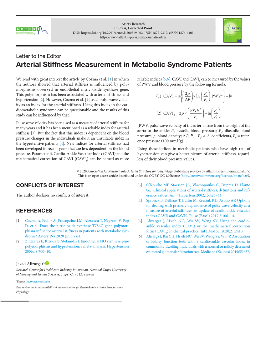 Pdf Arterial Stiffness Measurement In Metabolic Syndrome Patients