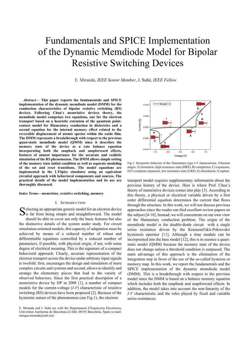 Pdf Fundamentals And Spice Implementation Of The Dynamic Memdiode Model For Bipolar Resistive Switching Devices