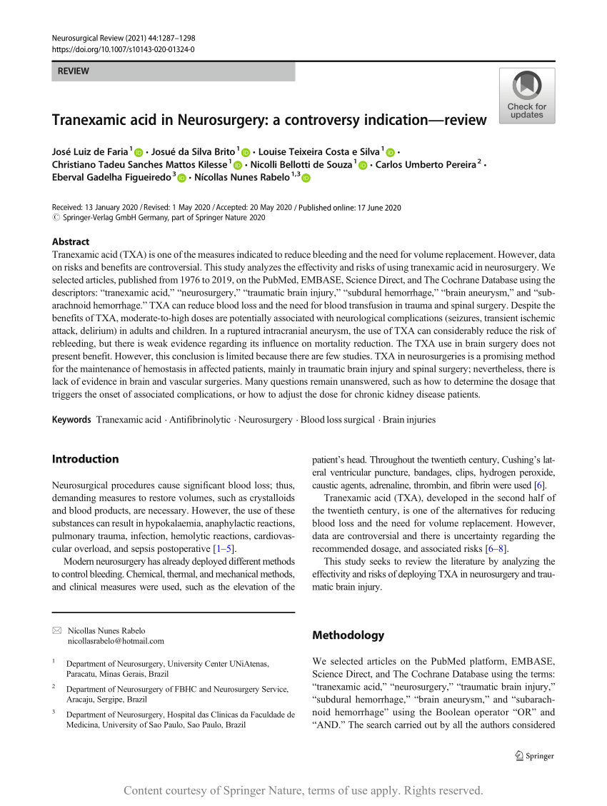 Association of tranexamic acid with decreased blood loss in patients  undergoing laminectomy and fusion with posterior instrumentation: a  systematic review and meta-analysis in: Journal of Neurosurgery: Spine  Volume 36 Issue 4 (2021) Journals