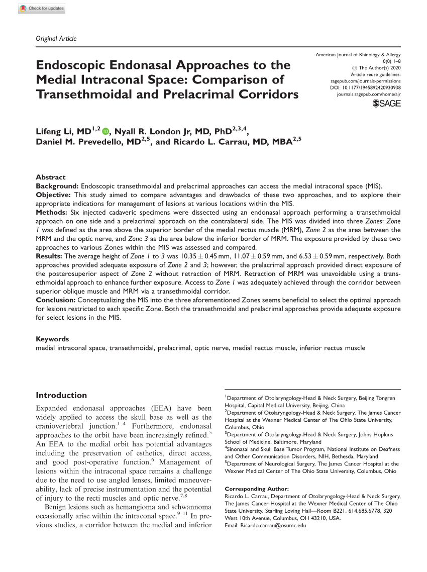 Pdf Endoscopic Endonasal Approaches To The Medial Intraconal Space Comparison Of 