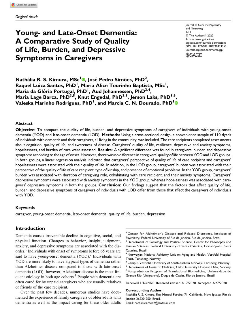 Pdf Young And Late Onset Dementia A Comparative Study Of Quality Of Life Burden And Depressive Symptoms In Caregivers