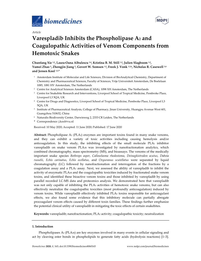 PDF) Varespladib Inhibits the Phospholipase A2 and Coagulopathic ...