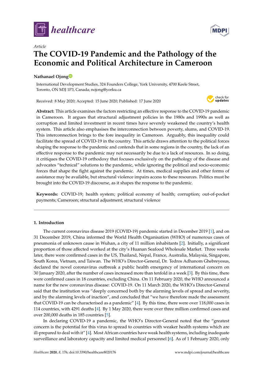 Pdf The Covid 19 Pandemic And The Pathology Of The Economic And Political Architecture In Cameroon