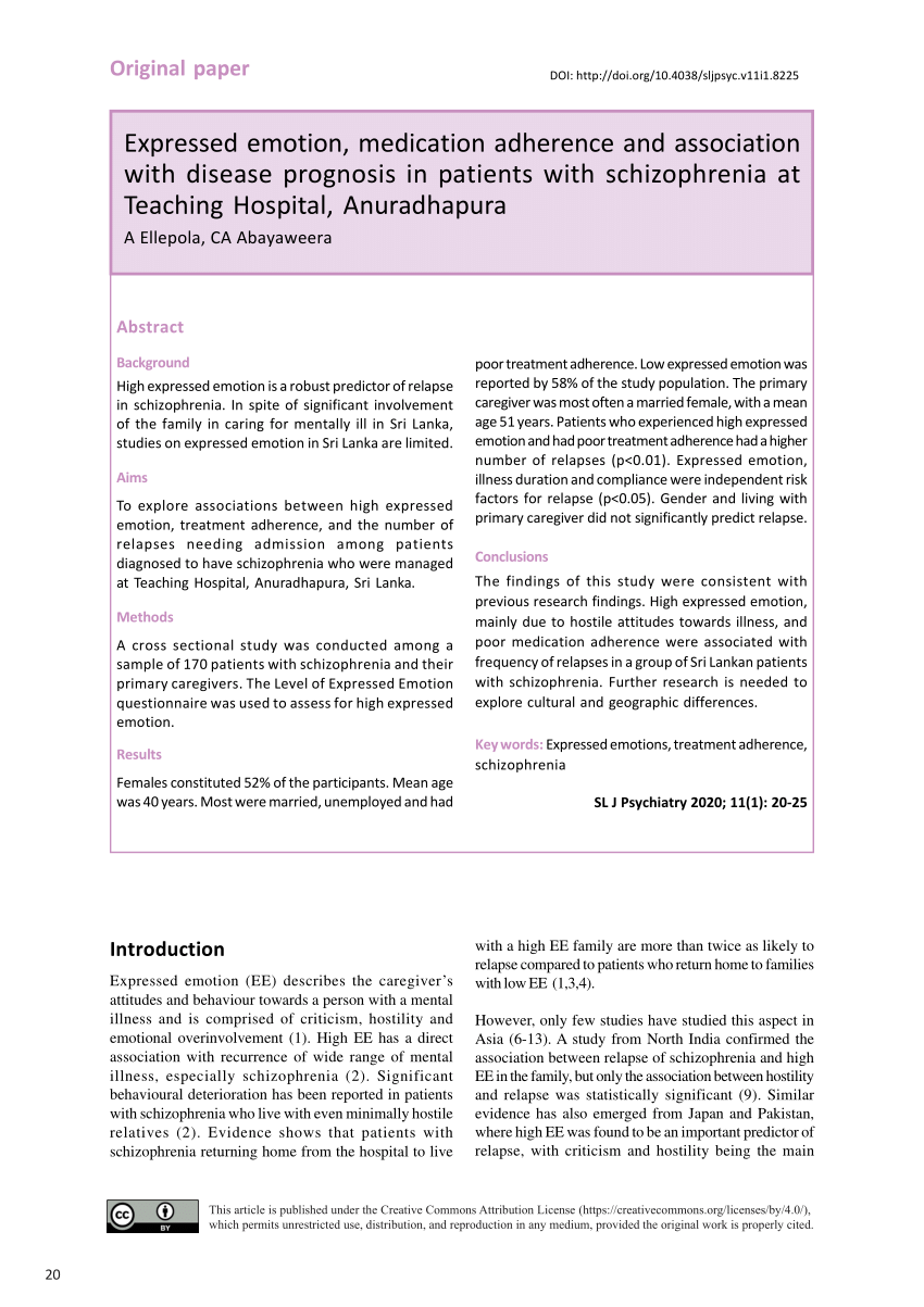 Pdf Expressed Emotions Medication Adherence And Its Association With Disease Prognosis In Patients With Schizophrenia In Teaching Hospital Anuradhapura