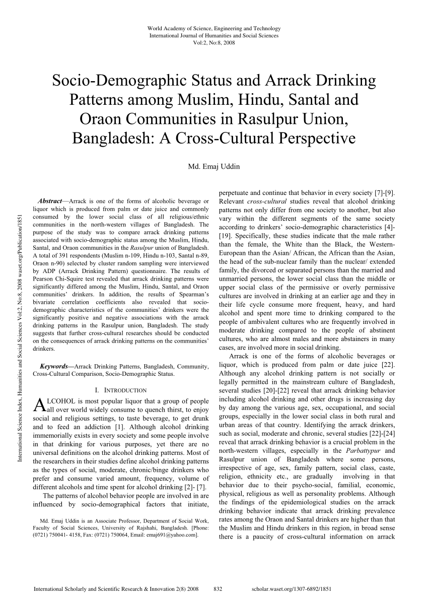PDF) Socio-Demographic Status and Arrack Drinking Patterns among Muslim, Hindu, Santal and Oraon Communities in Rasulpur Union, Bangladesh A Cross-Cultural Perspective picture photo