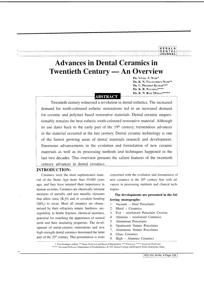 (PDF) Advances in Dental Ceramics in Twentieth Centurv An Overview