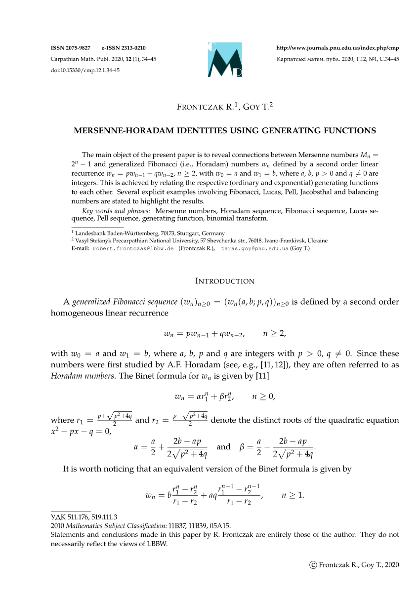 Pdf Mersenne Horadam Identities Using Generating Functions