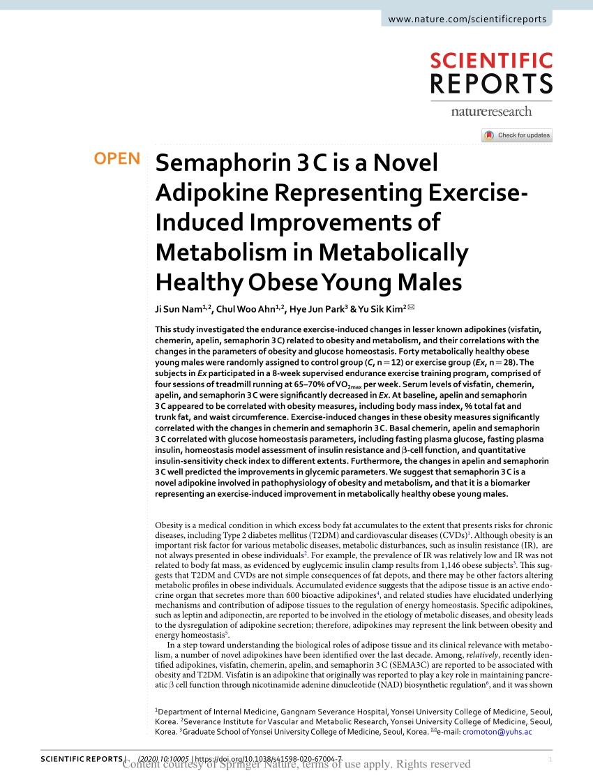 Pdf Semaphorin 3 C Is A Novel Adipokine Representing Exercise Induced Improvements Of Metabolism In Metabolically Healthy Obese Young Males
