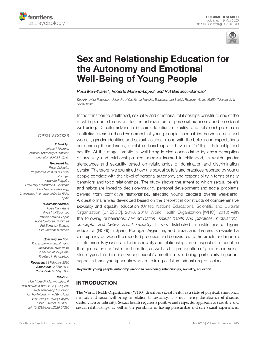 Pdf Sex And Relationship Education For The Autonomy And Emotional Well Being Of Young People 7974