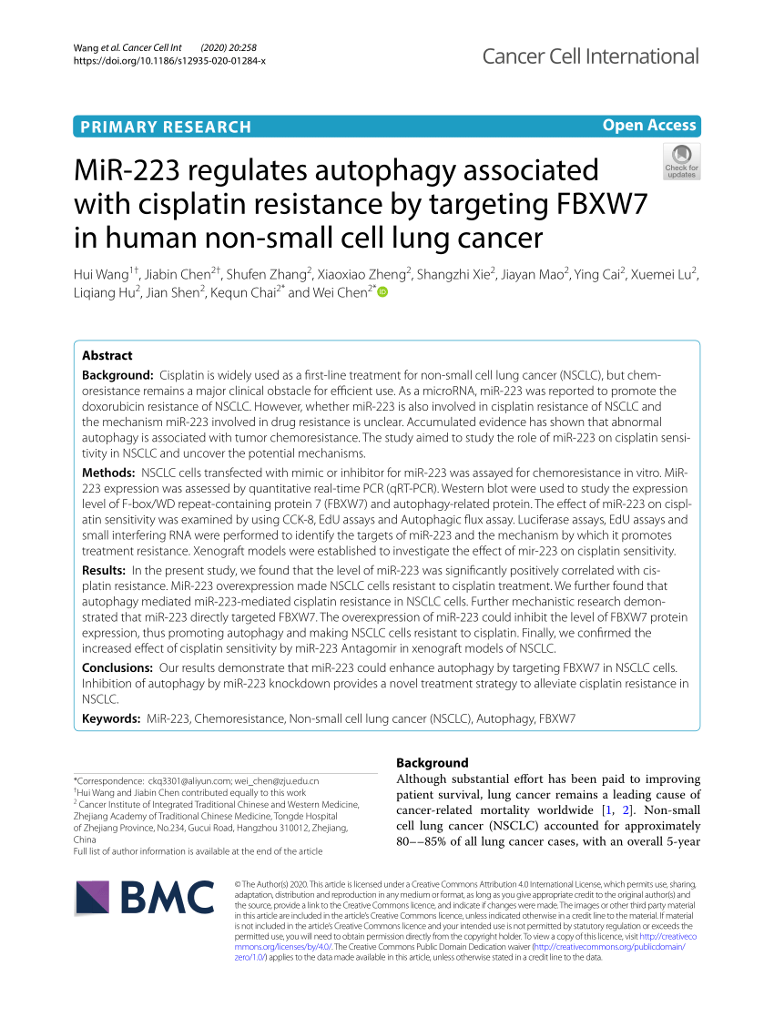 Pdf Mir 223 Regulates Autophagy Associated With Cisplatin Resistance By Targeting Fbxw7 In Human Non Small Cell Lung Cancer