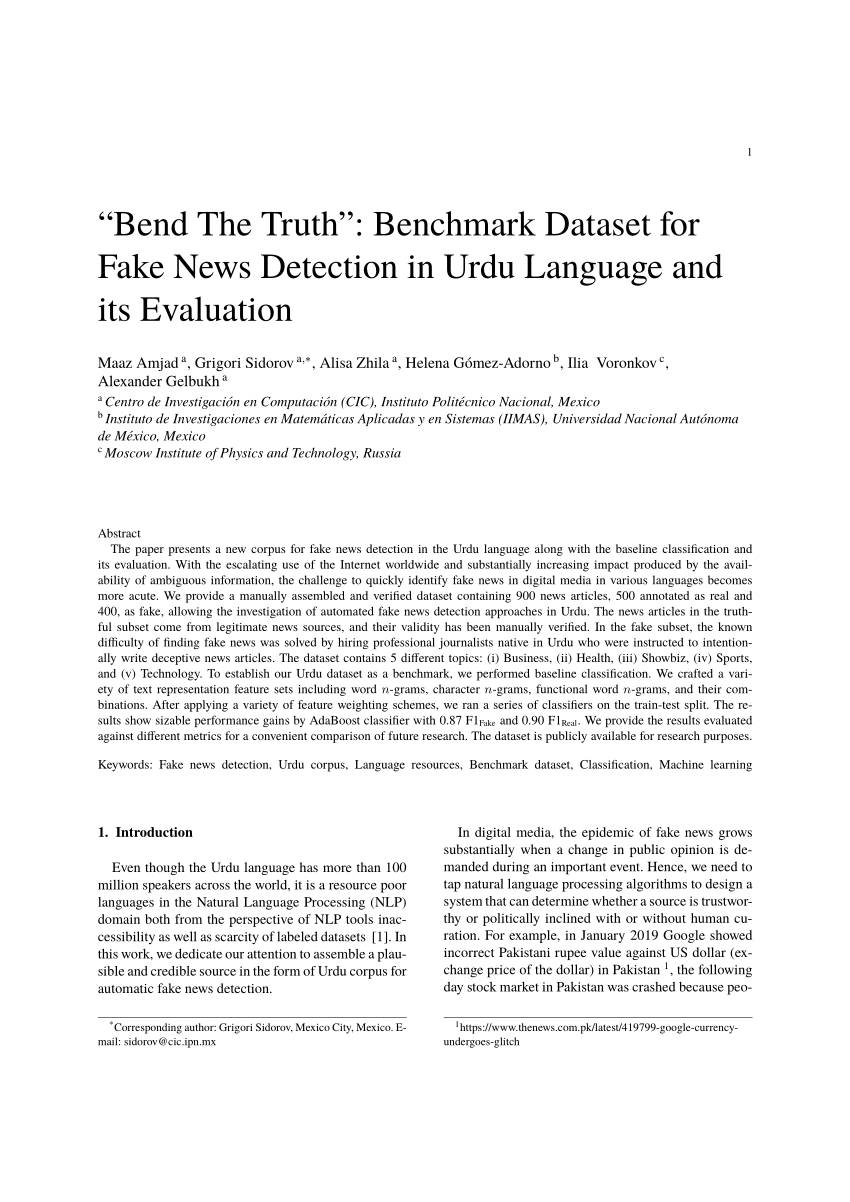 Pdf Bend The Truth Benchmark Dataset For Fake News Detection In Urdu Language And Its Evaluation