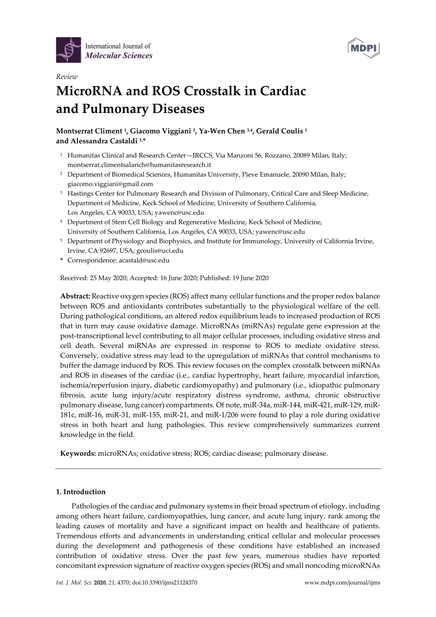 PDF) MicroRNA and ROS Crosstalk in Cardiac and Pulmonary Diseases